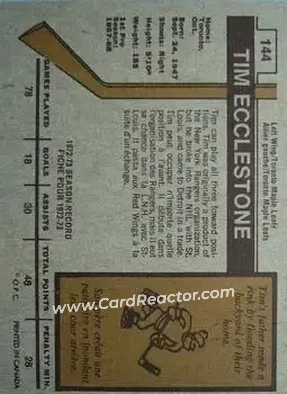 1973-74 O-Pee-Chee #144 - Tim Ecclestone - Toronto Maple Leafs - Back 1973-74 O-Pee-Chee #144 - Tim Ecclestone - Toronto Maple Leafs - Back