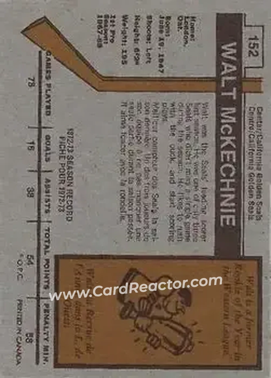 1973-74 O-Pee-Chee #152 - Walt McKechnie - California Golden Seals - Back