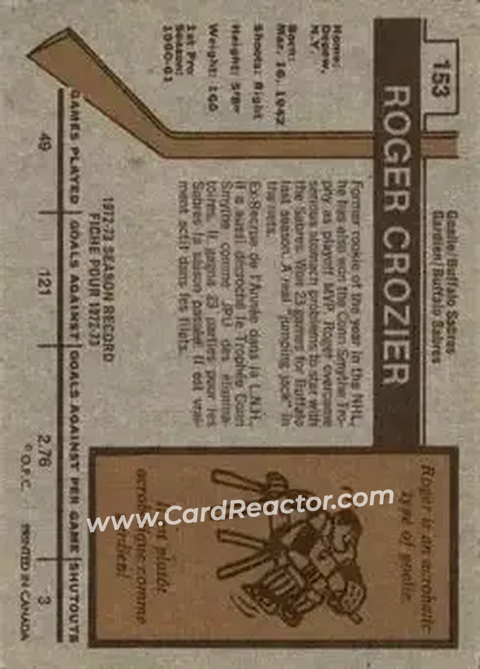 1973-74 O-Pee-Chee #153 - Roger Crozier - Buffalo Sabres - Back 1973-74 O-Pee-Chee #153 - Roger Crozier - Buffalo Sabres - Back