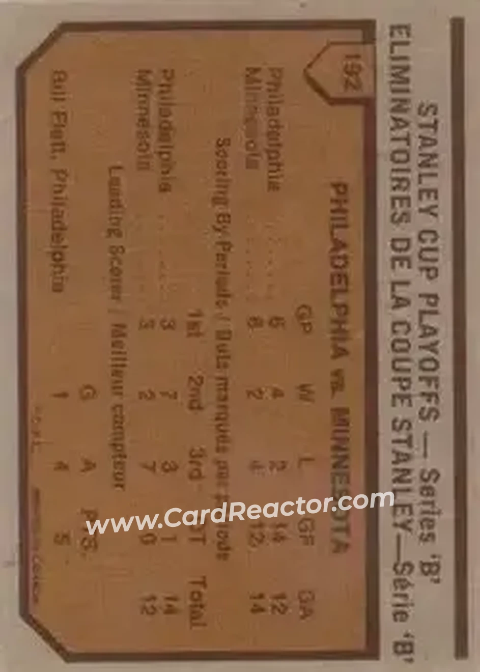 1973-74 O-Pee-Chee #192 - 1972-73 NHL Quarter-Finals (Series B) - Philadelphia Flyers - Minnesota North Stars - Back