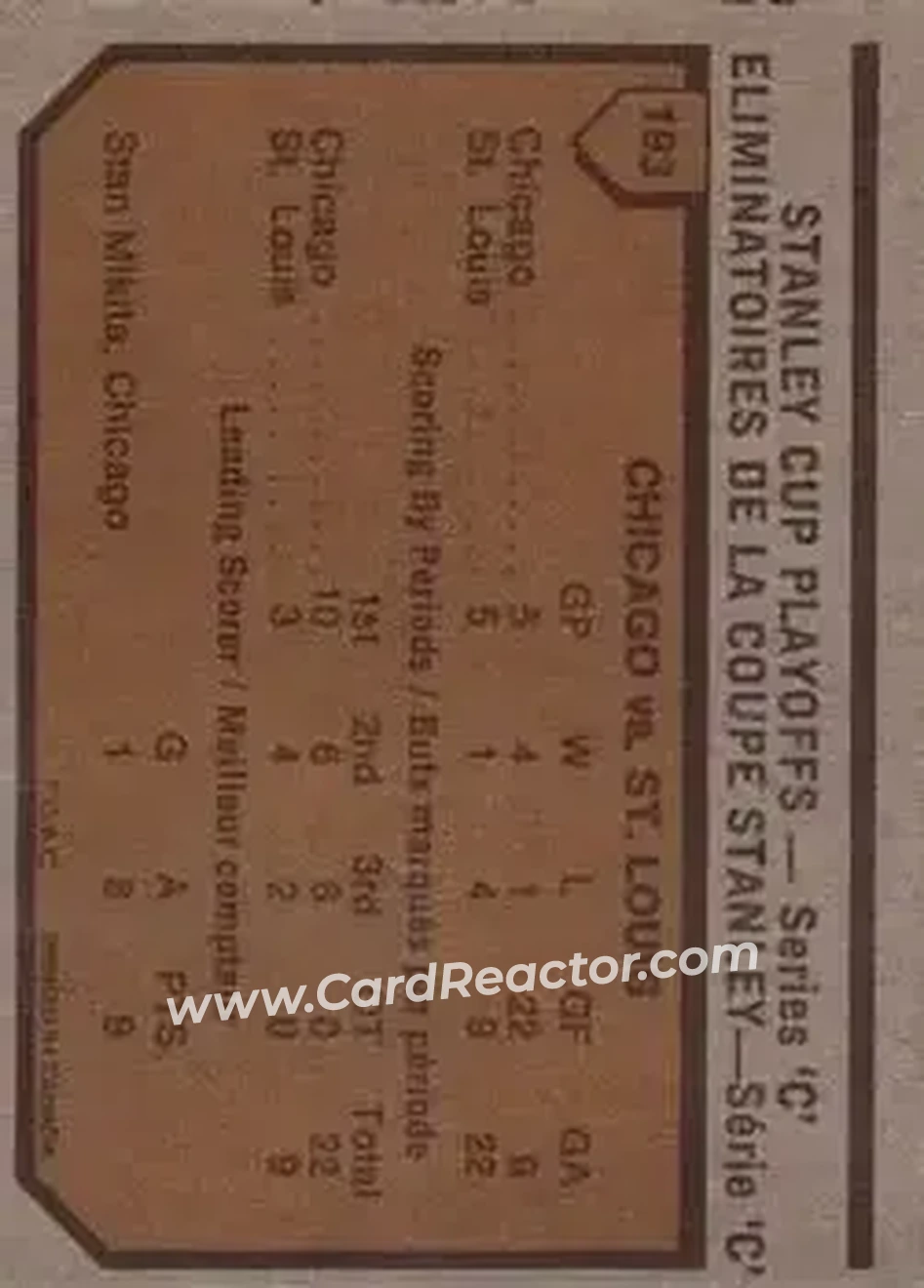 1973-74 O-Pee-Chee #193 - 1972-73 NHL Quarter-Finals (Series C) - Chicago Blackhawks - St. Louis Blues - Back