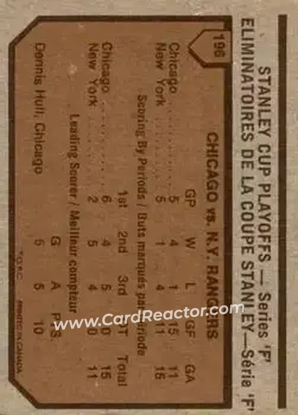 1973-74 O-Pee-Chee #196 - 1972-73 NHL Semi-Finals (Series F) - Chicago Blackhawks - New York Rangers - Back