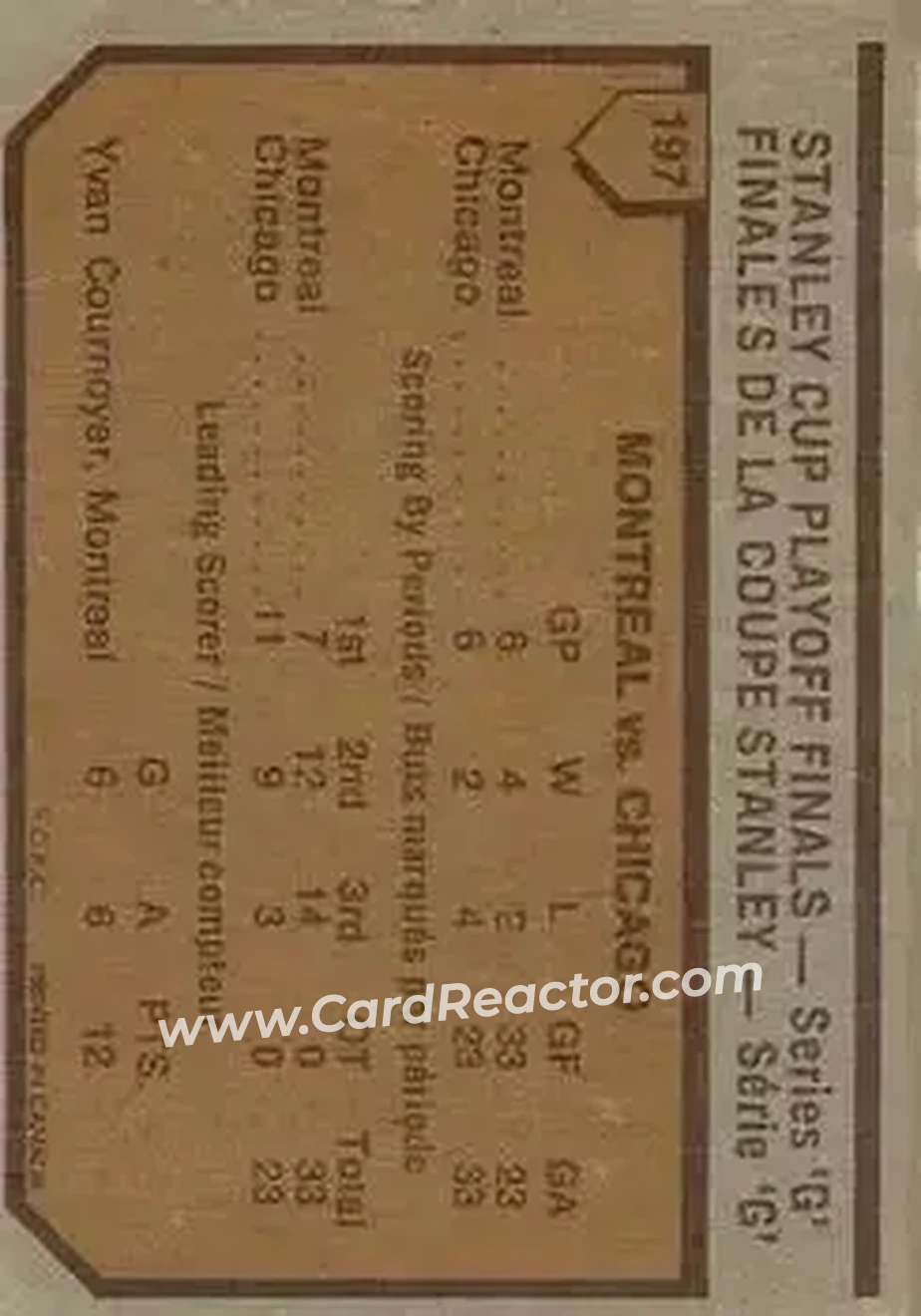 1973-74 O-Pee-Chee #197 - 1972-73 NHL Finals (Series G) - Montreal Canadiens - Chicago Blackhawks - Back