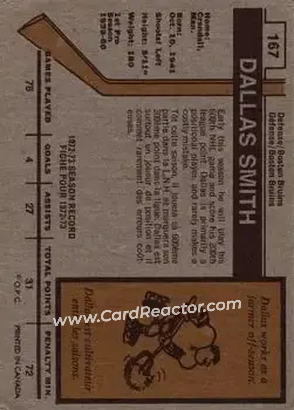1973-74 O-Pee-Chee #167 - Dallas Smith - Boston Bruins - Back 1973-74 O-Pee-Chee #167 - Dallas Smith - Boston Bruins - Back