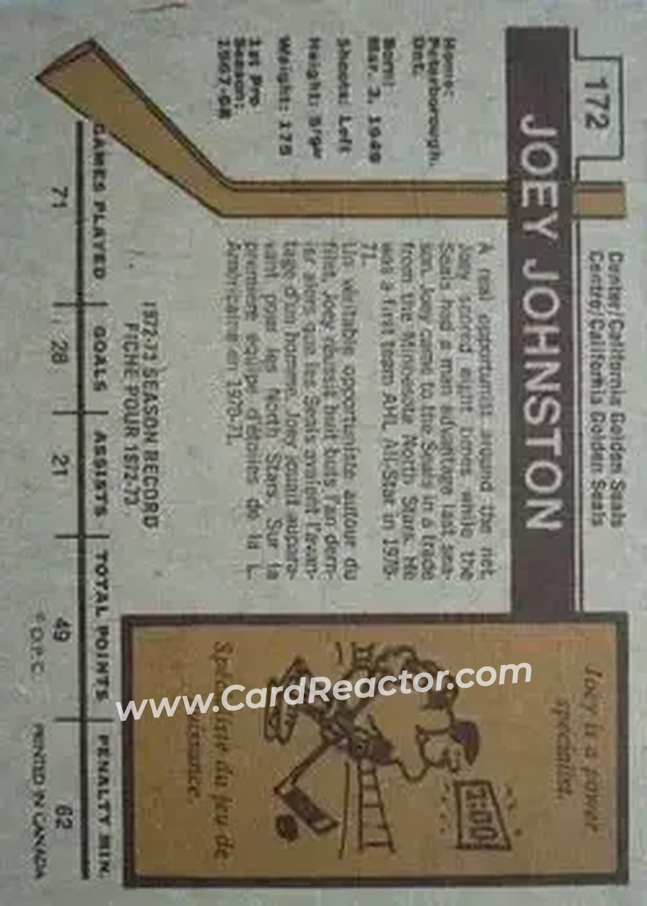 1973-74 O-Pee-Chee #172 - Joey Johnston - California Golden Seals - Back 1973-74 O-Pee-Chee #172 - Joey Johnston - California Golden Seals - Back