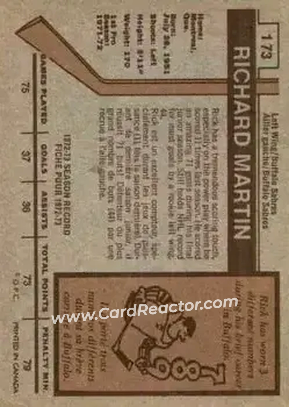 1973-74 O-Pee-Chee #173 - Richard Martin - Buffalo Sabres - Back