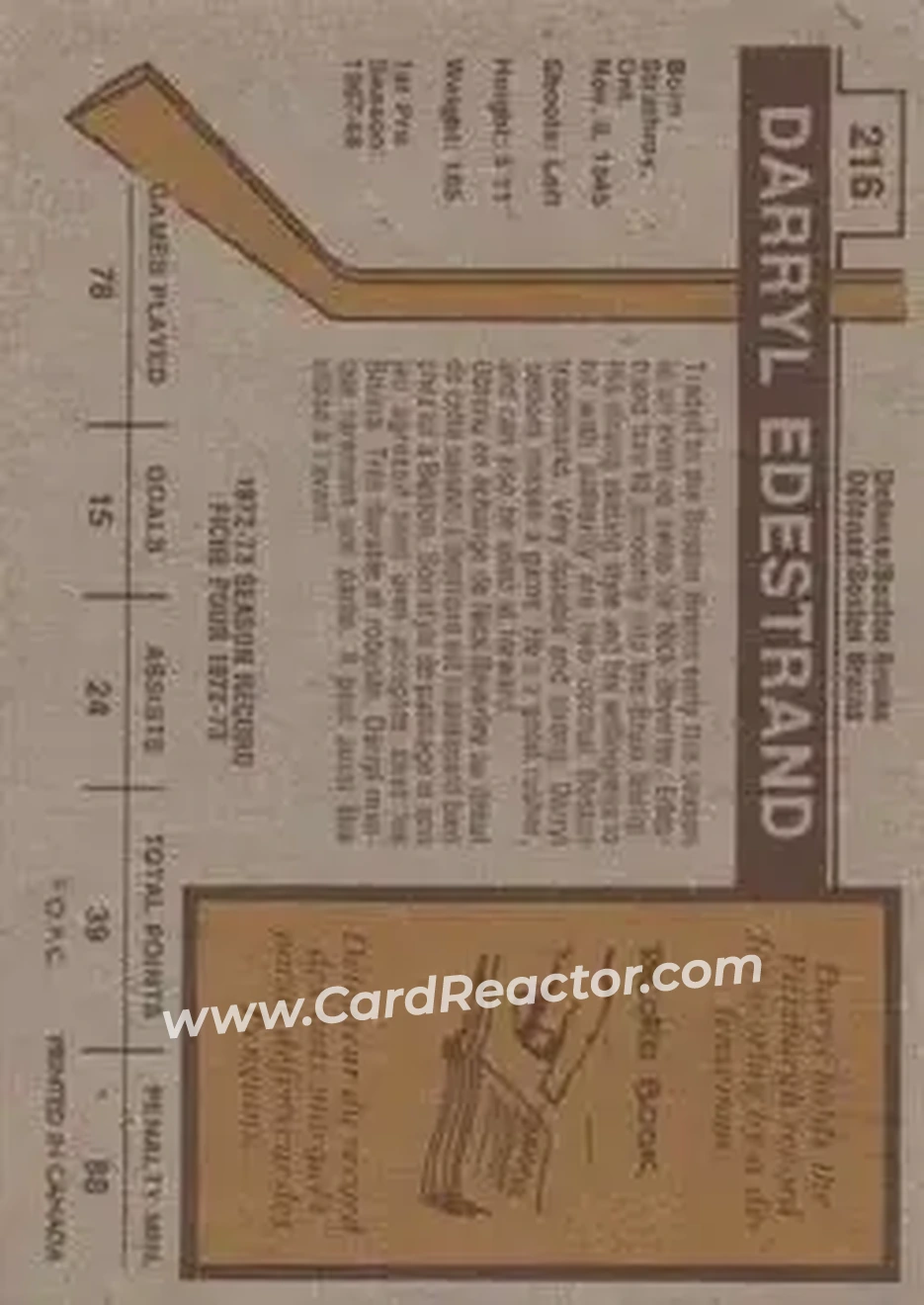 1973-74 O-Pee-Chee #216 - Darryl Edestrand - Boston Bruins - Back
