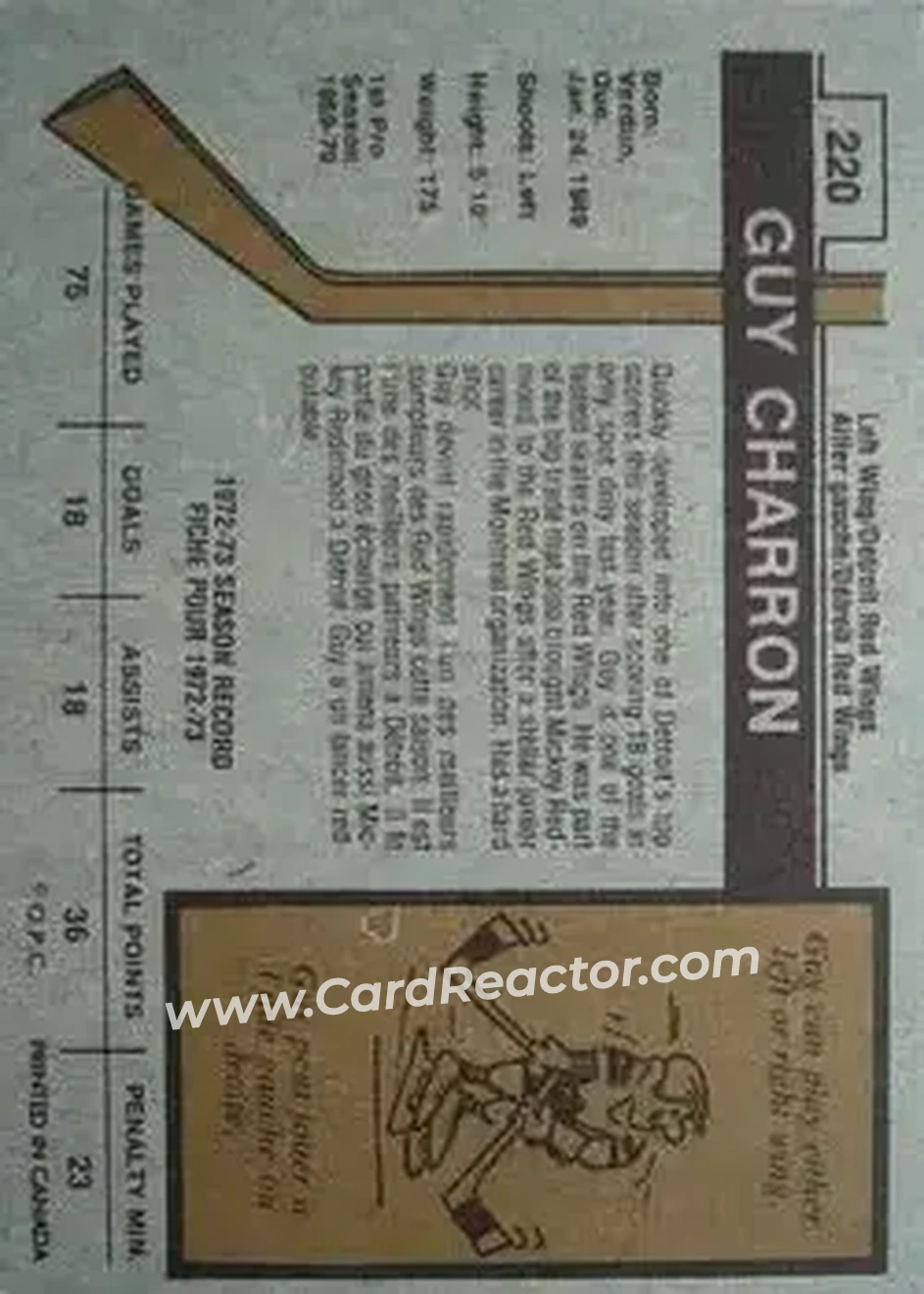1973-74 O-Pee-Chee #220 - Guy Charron - Detroit Red Wings - Back 1973-74 O-Pee-Chee #220 - Guy Charron - Detroit Red Wings - Back