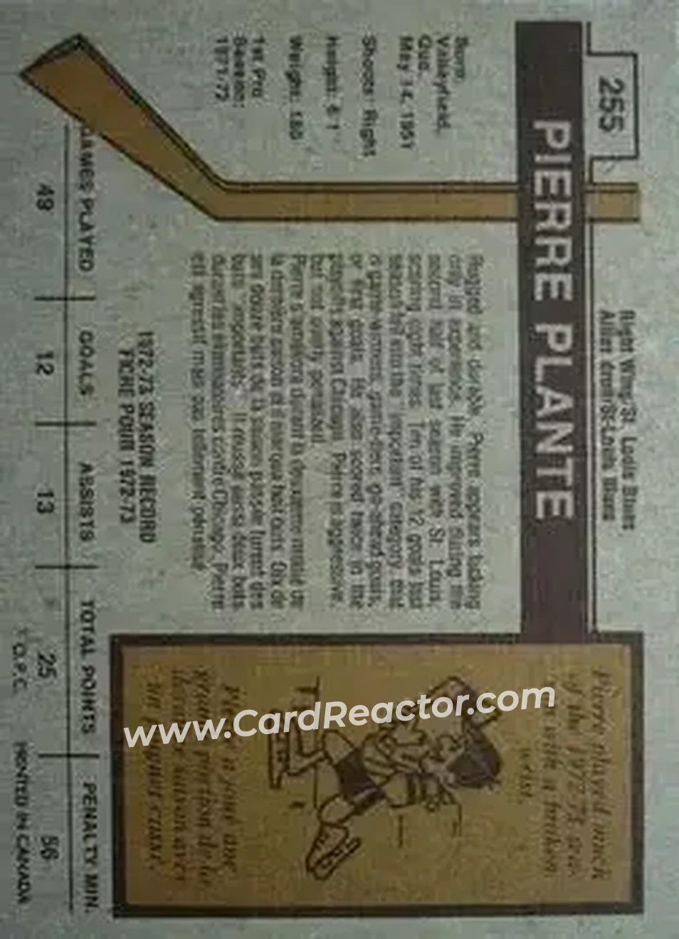 1973-74 O-Pee-Chee #255 - Pierre Plante - St. Louis Blues - Back 1973-74 O-Pee-Chee #255 - Pierre Plante - St. Louis Blues - Back