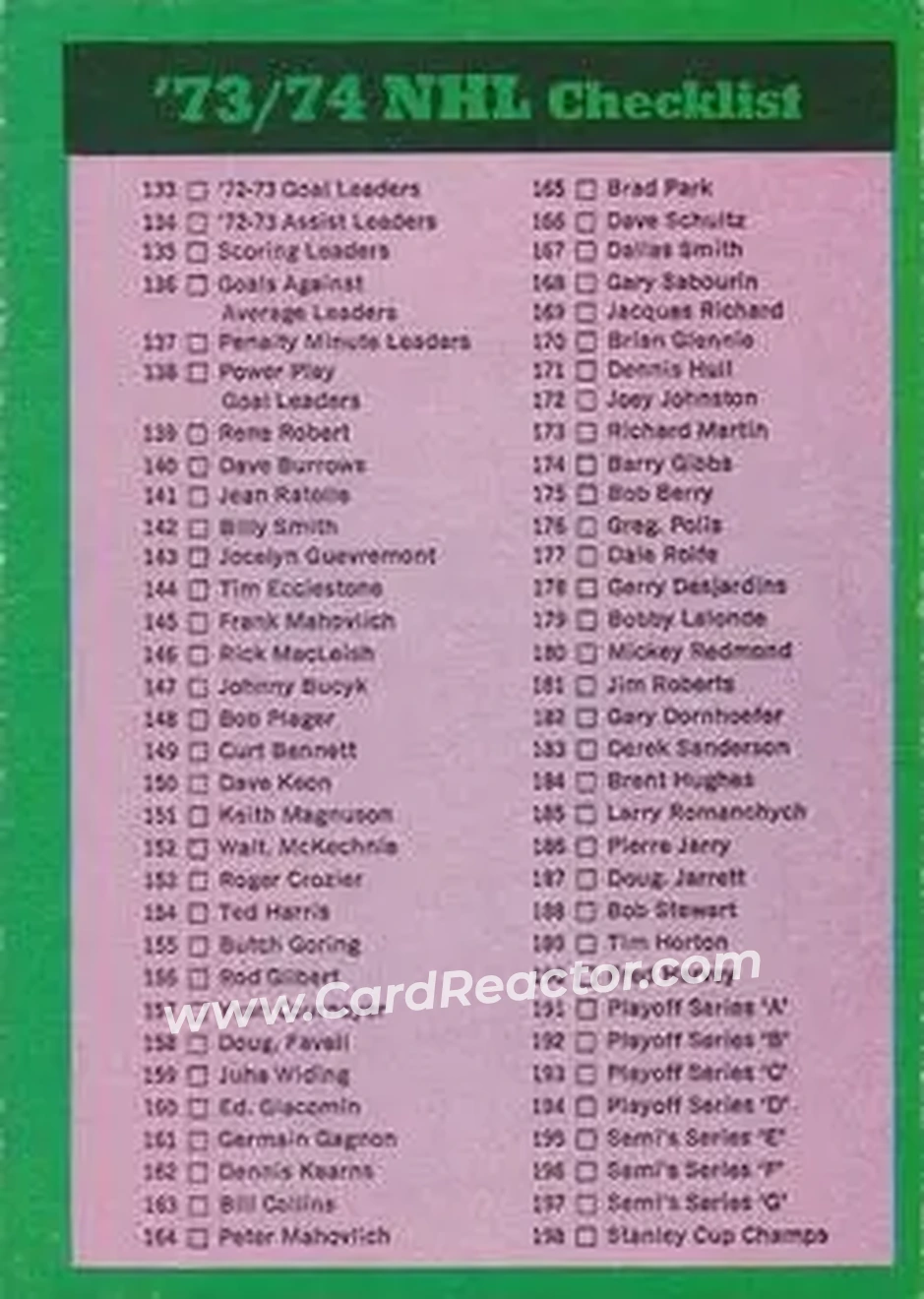 1973-74 O-Pee-Chee #263 - Checklist: 133-264 CL - Front
