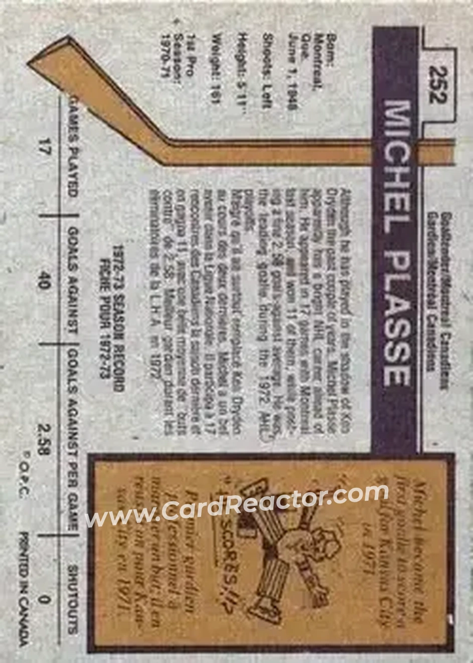 1973-74 O-Pee-Chee #252 - Michel Plasse - Montreal Canadiens - Back