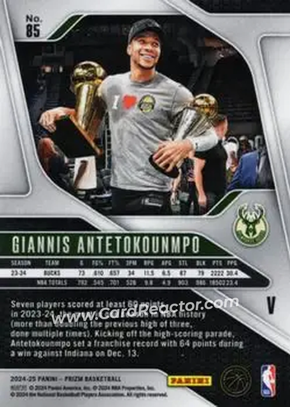 2024-25 Panini Prizm #85 - Giannis Antetokounmpo - Milwaukee Bucks - Back