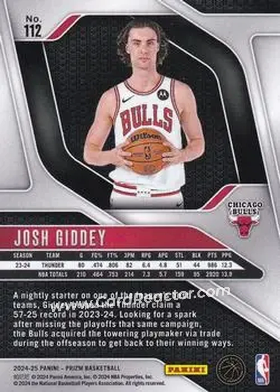 2024-25 Panini Prizm #112 - Josh Giddey - Chicago Bulls - Back 2024-25 Panini Prizm #112 - Josh Giddey - Chicago Bulls - Back