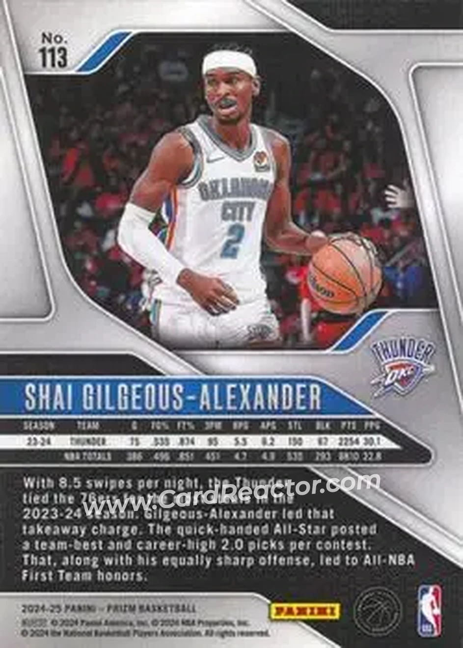 2024-25 Panini Prizm #113 - Shai Gilgeous-Alexander - Oklahoma City Thunder - Back 2024-25 Panini Prizm #113 - Shai Gilgeous-Alexander - Oklahoma City Thunder - Back