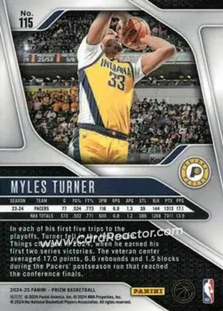 2024-25 Panini Prizm #115 - Myles Turner - Indiana Pacers - Back 2024-25 Panini Prizm #115 - Myles Turner - Indiana Pacers - Back