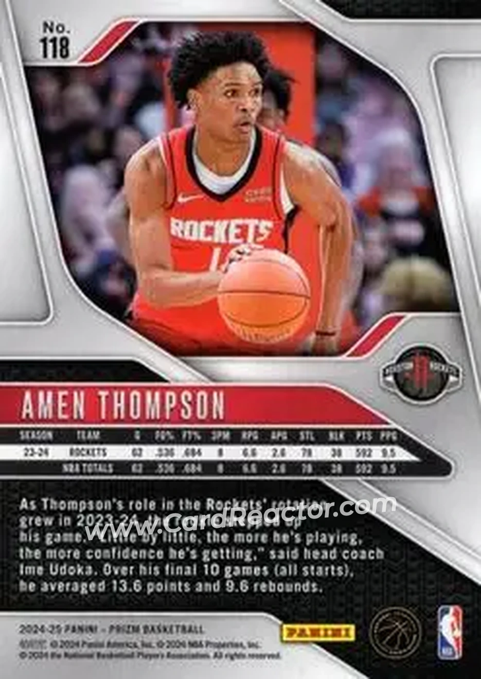 2024-25 Panini Prizm #118 - Amen Thompson - Houston Rockets - Back