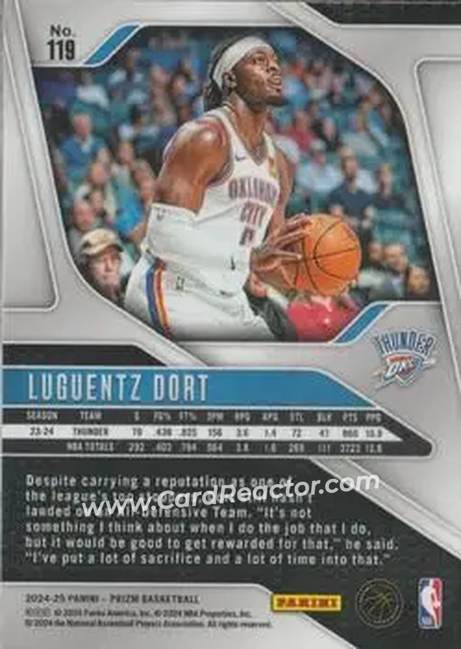 2024-25 Panini Prizm #119 - Luguentz Dort - Oklahoma City Thunder - Back 2024-25 Panini Prizm #119 - Luguentz Dort - Oklahoma City Thunder - Back