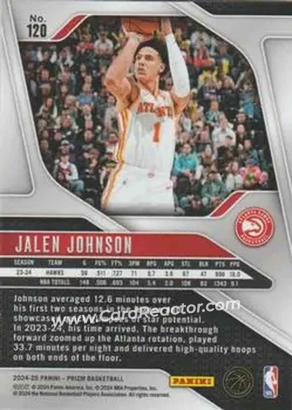 2024-25 Panini Prizm #120 - Jalen Johnson - Atlanta Hawks - Back