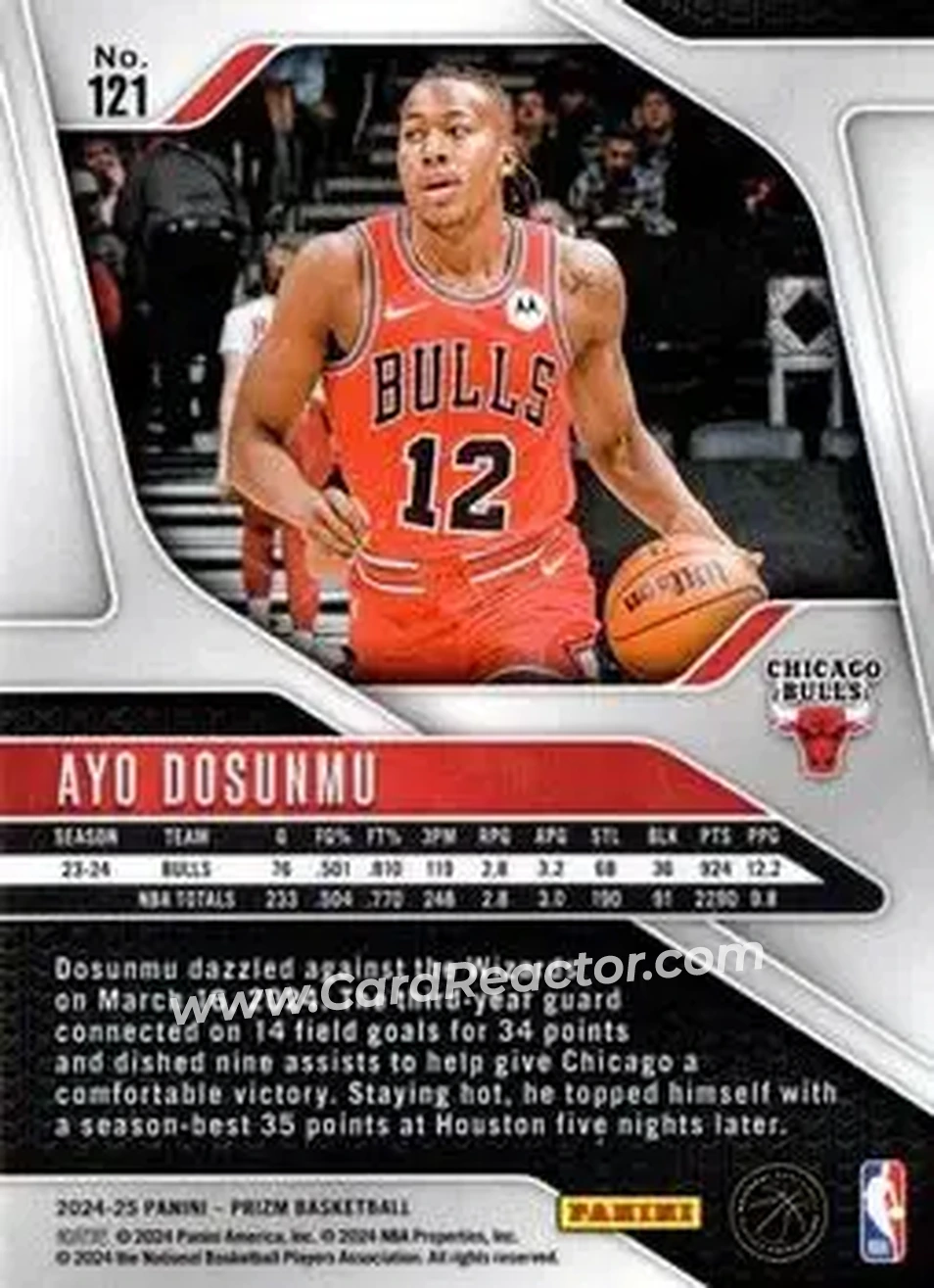 2024-25 Panini Prizm #121 - Ayo Dosunmu - Chicago Bulls - Back