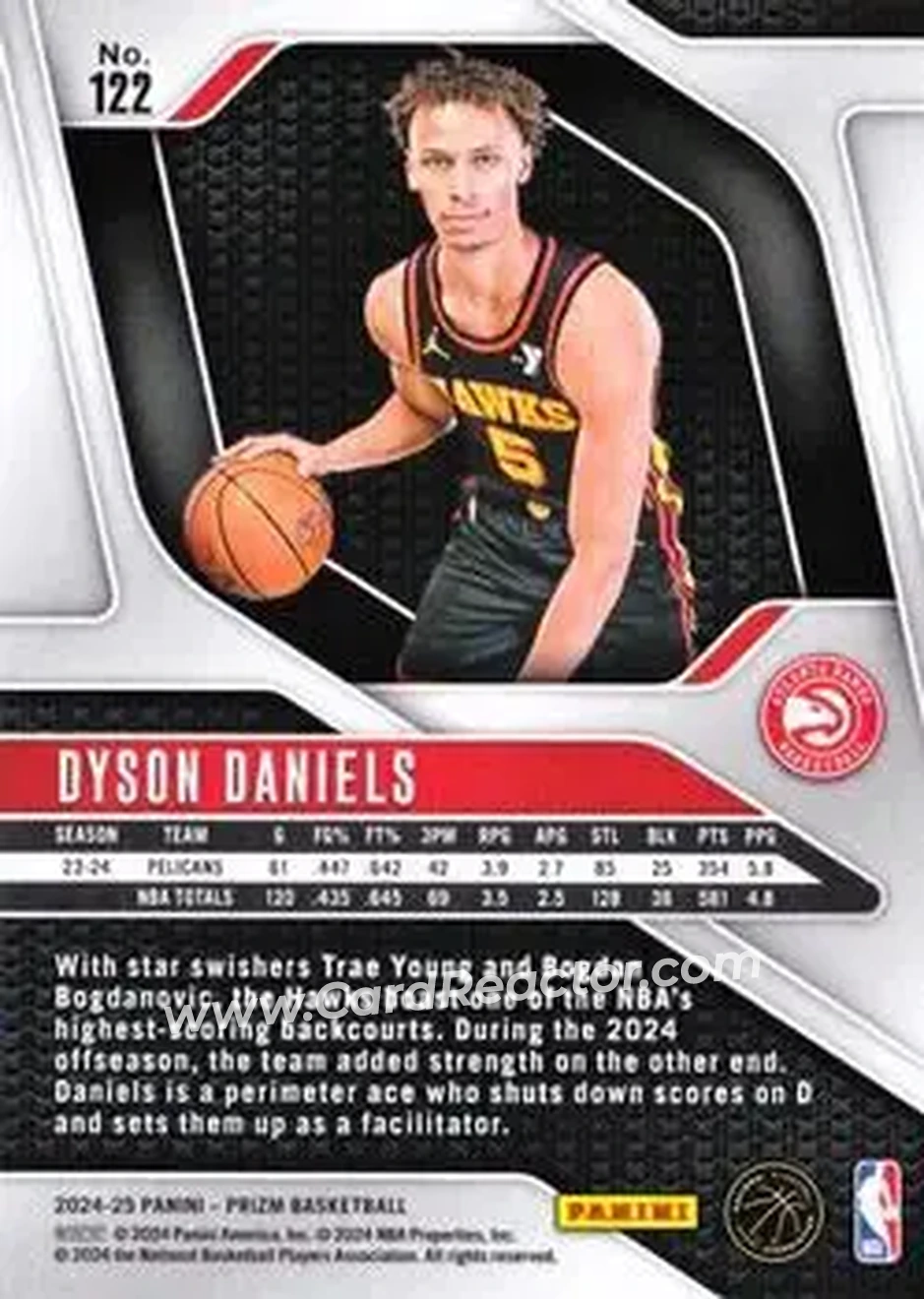 2024-25 Panini Prizm #122 - Dyson Daniels - Atlanta Hawks - Back 2024-25 Panini Prizm #122 - Dyson Daniels - Atlanta Hawks - Back