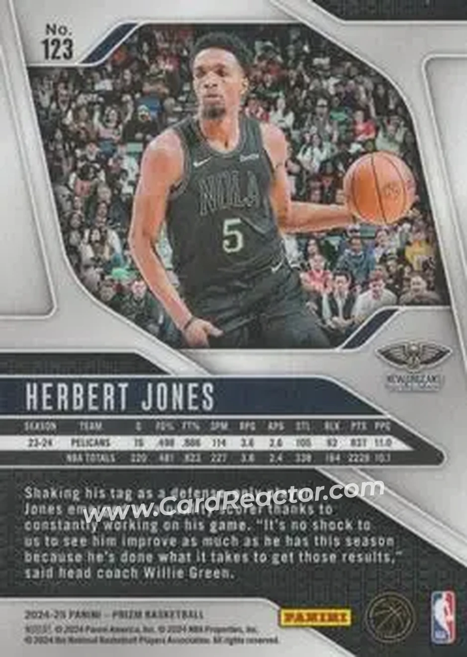 2024-25 Panini Prizm #123 - Herbert Jones - New Orleans Pelicans - Back 2024-25 Panini Prizm #123 - Herbert Jones - New Orleans Pelicans - Back