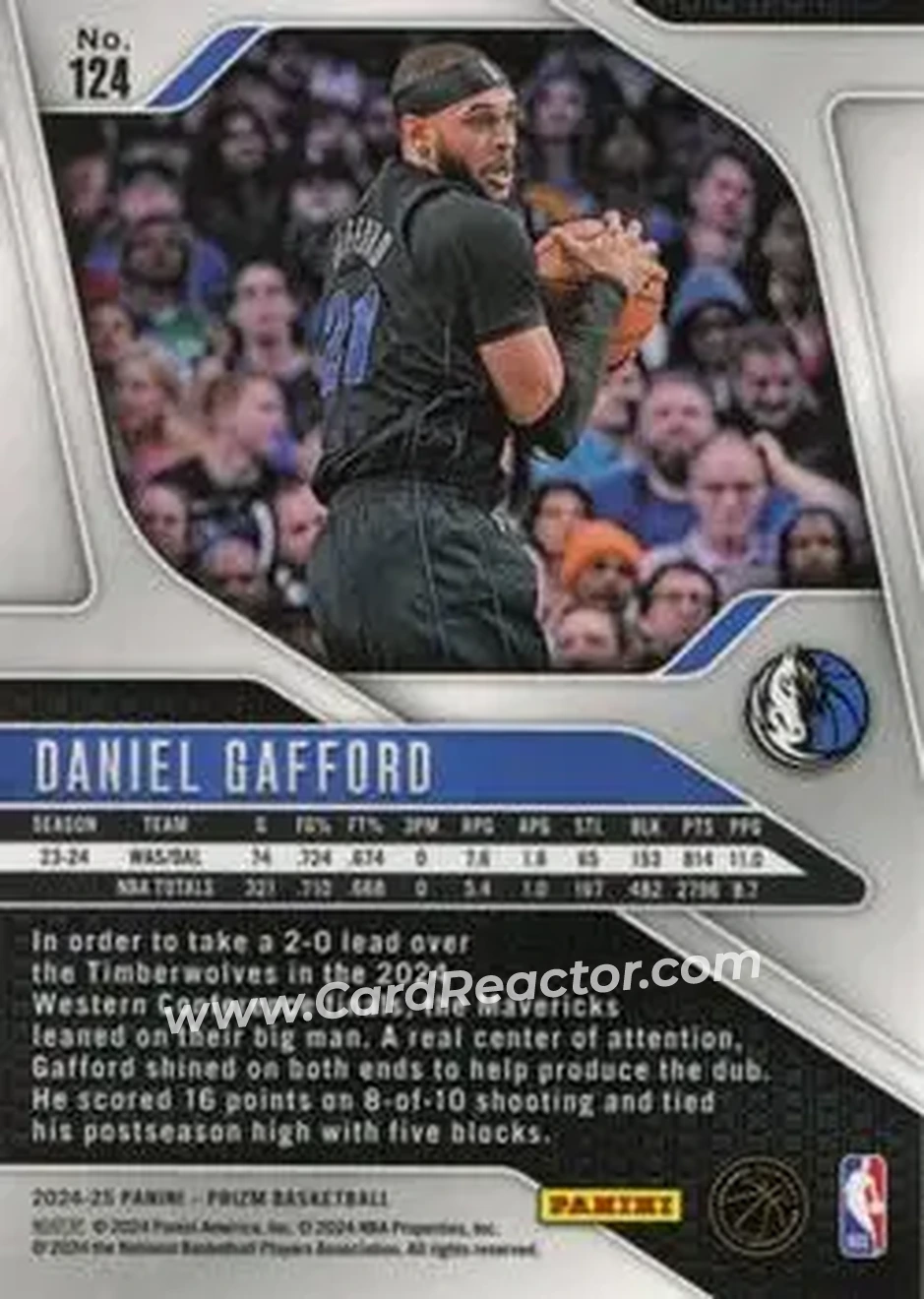 2024-25 Panini Prizm #124 - Daniel Gafford - Dallas Mavericks - Back 2024-25 Panini Prizm #124 - Daniel Gafford - Dallas Mavericks - Back