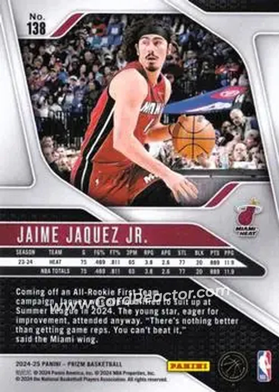 2024-25 Panini Prizm #138 - Jaime Jaquez Jr. - Miami Heat - Back 2024-25 Panini Prizm #138 - Jaime Jaquez Jr. - Miami Heat - Back