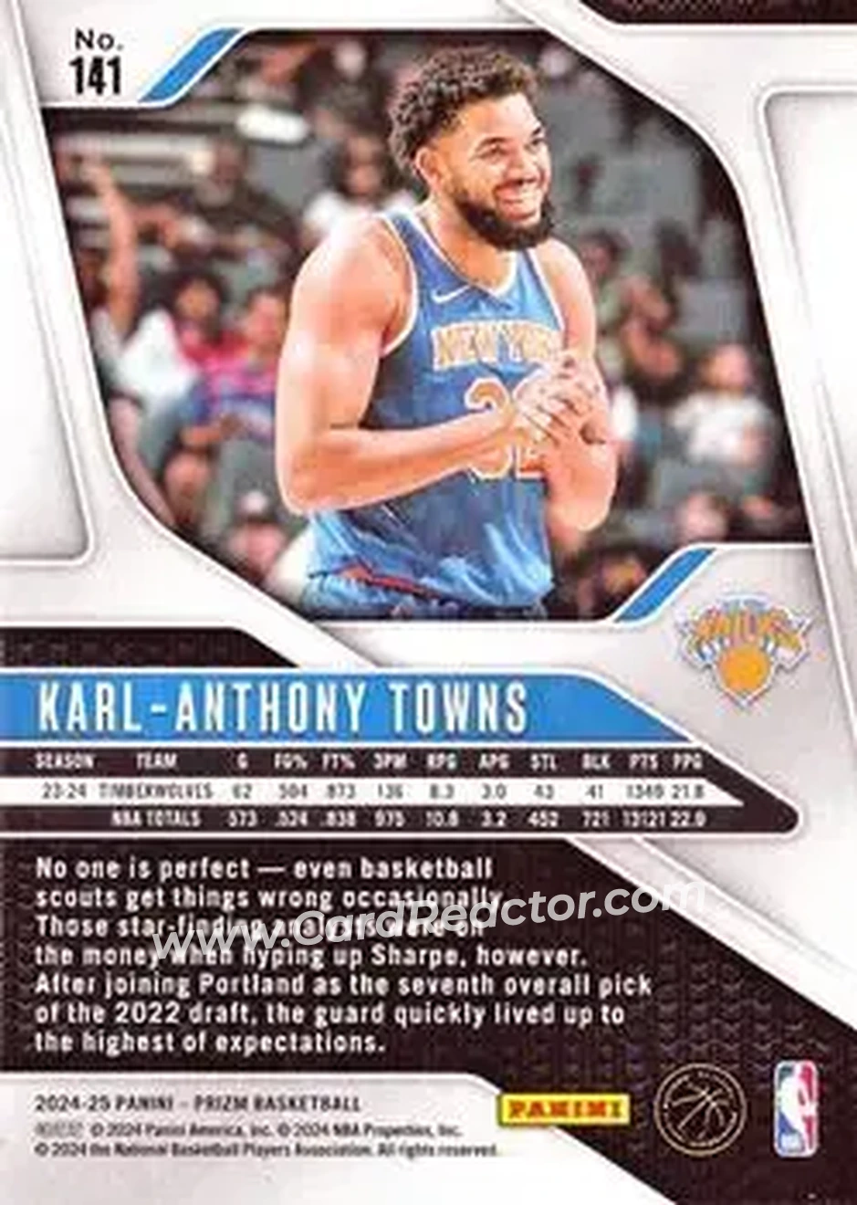 2024-25 Panini Prizm #141 - Karl-Anthony Towns - New York Knicks - Back 2024-25 Panini Prizm #141 - Karl-Anthony Towns - New York Knicks - Back