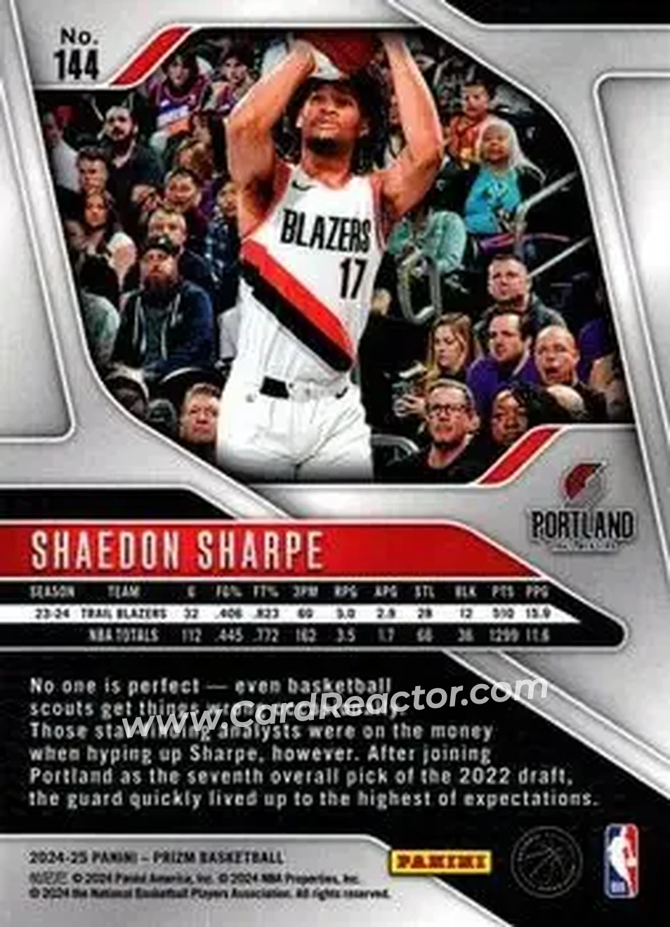 2024-25 Panini Prizm #144 - Shaedon Sharpe - Portland Trail Blazers - Back