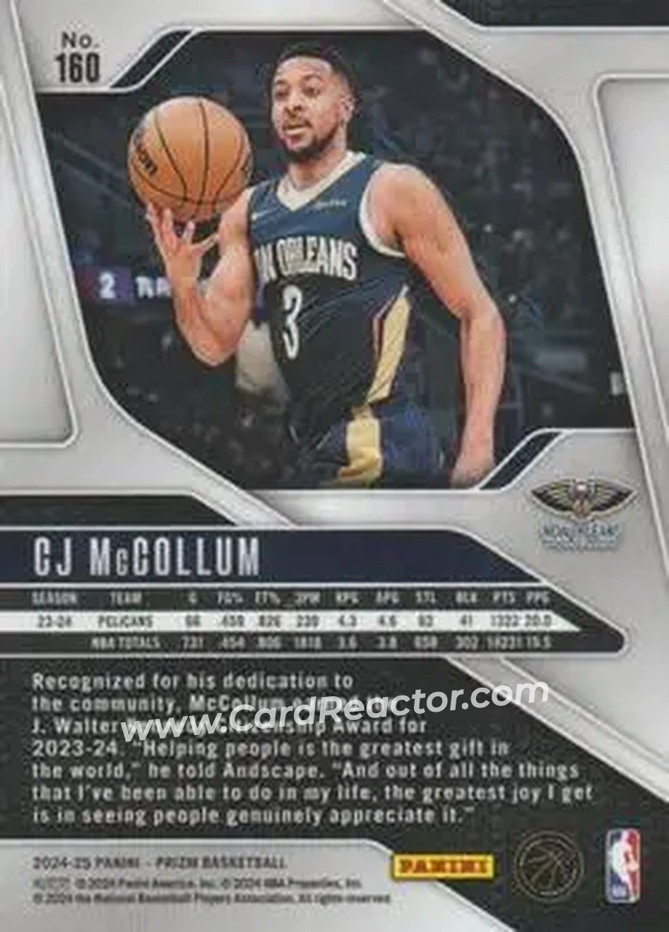 2024-25 Panini Prizm #160 - CJ McCollum - New Orleans Pelicans - Back 2024-25 Panini Prizm #160 - CJ McCollum - New Orleans Pelicans - Back