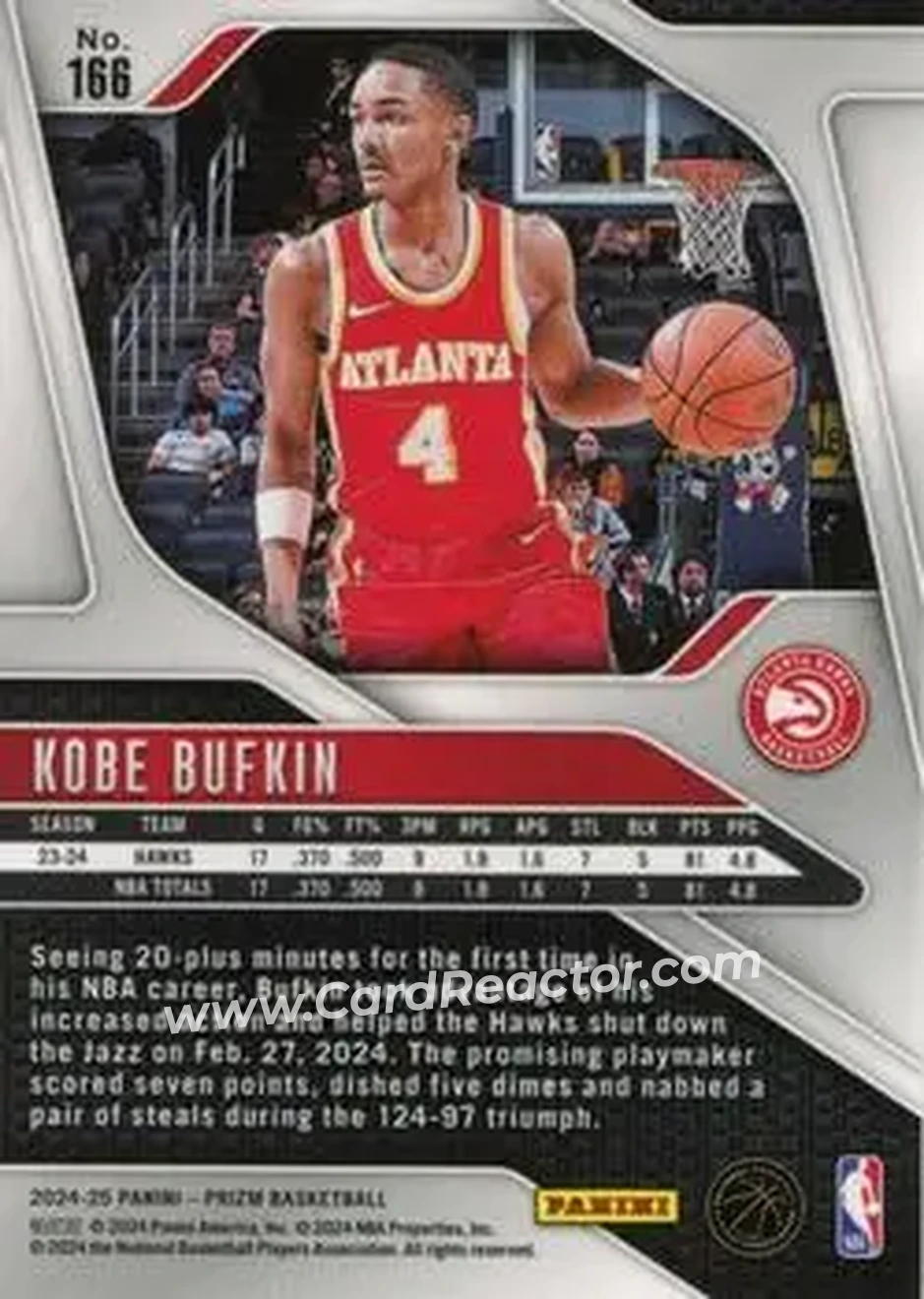 2024-25 Panini Prizm #166 - Kobe Bufkin - Atlanta Hawks - Back