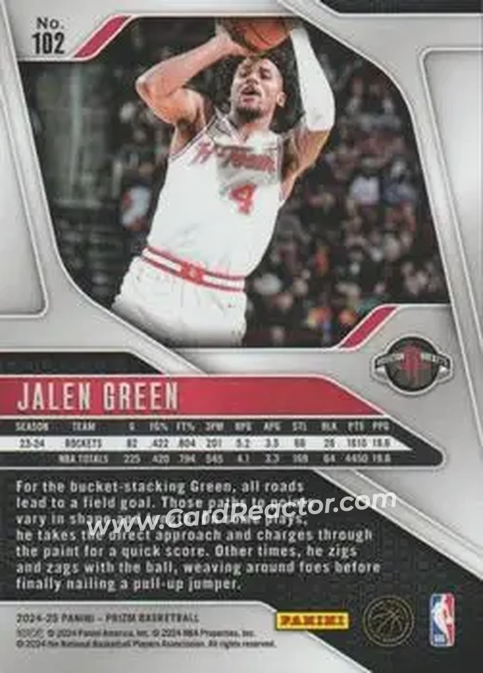 2024-25 Panini Prizm #102 - Jalen Green - Houston Rockets - Back 2024-25 Panini Prizm #102 - Jalen Green - Houston Rockets - Back