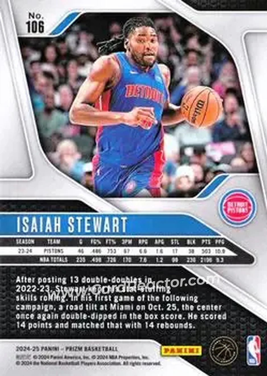 2024-25 Panini Prizm #106 - Isaiah Stewart - Detroit Pistons - Back 2024-25 Panini Prizm #106 - Isaiah Stewart - Detroit Pistons - Back