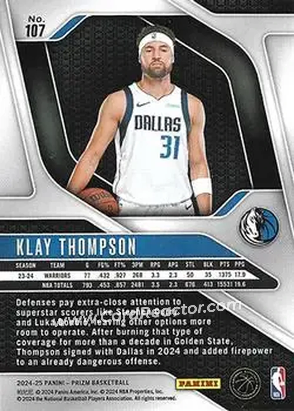 2024-25 Panini Prizm #107 - Klay Thompson - Dallas Mavericks - Back 2024-25 Panini Prizm #107 - Klay Thompson - Dallas Mavericks - Back