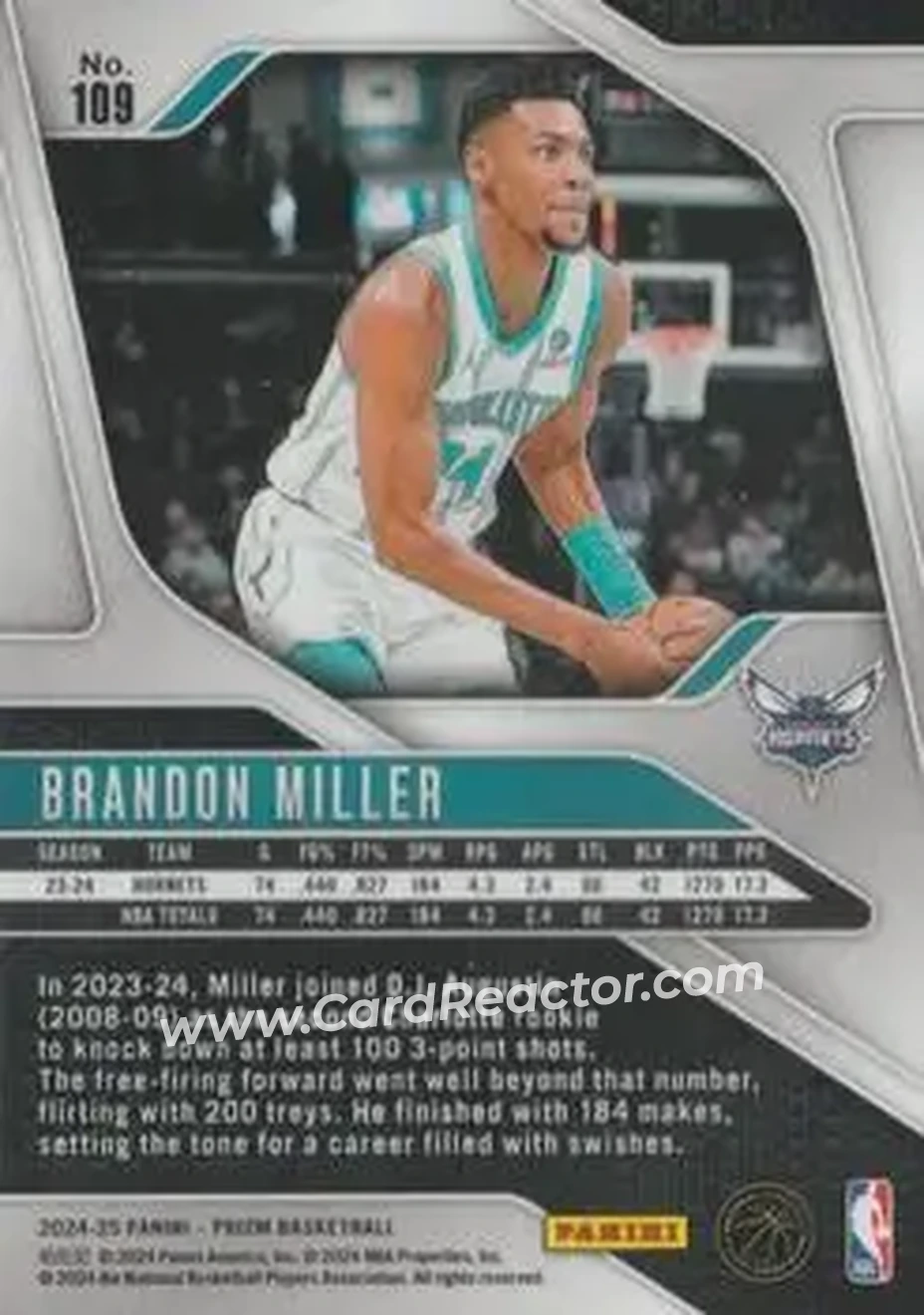 2024-25 Panini Prizm #109 - Brandon Miller - Charlotte Hornets - Back 2024-25 Panini Prizm #109 - Brandon Miller - Charlotte Hornets - Back