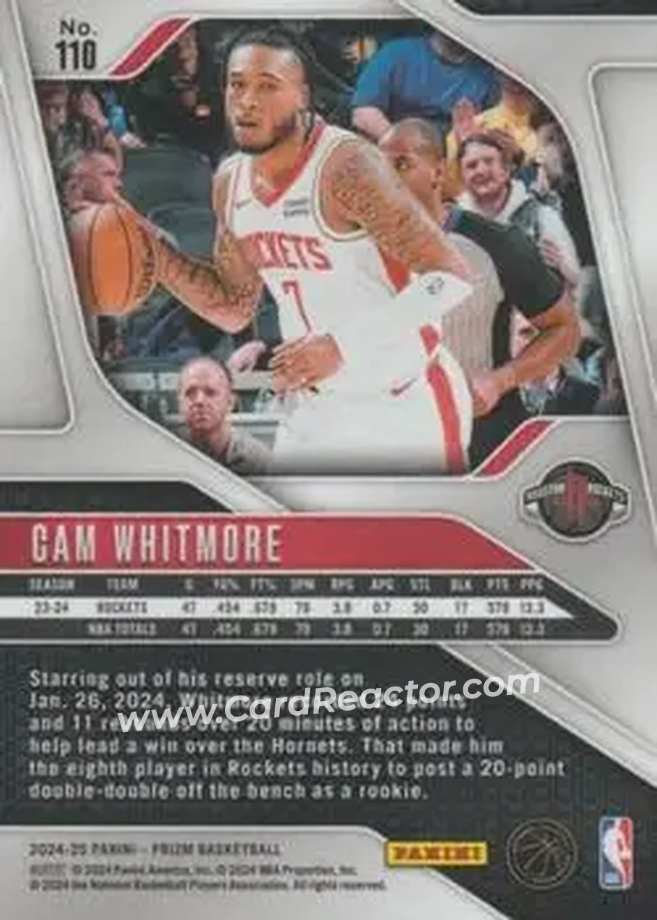 2024-25 Panini Prizm #110 - Cam Whitmore - Houston Rockets - Back