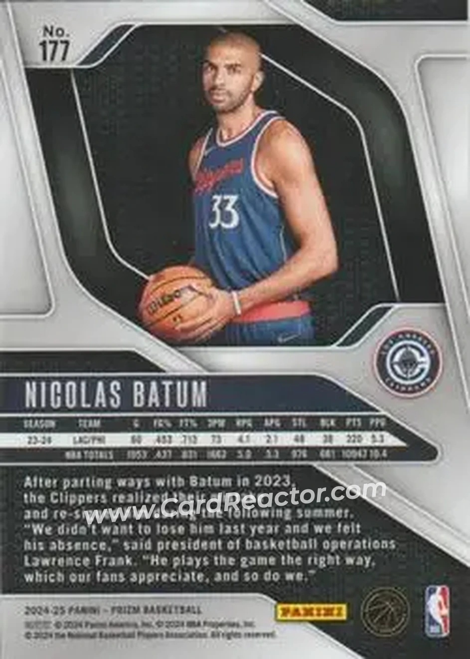 2024-25 Panini Prizm #177 - Nicolas Batum - Los Angeles Clippers - Back