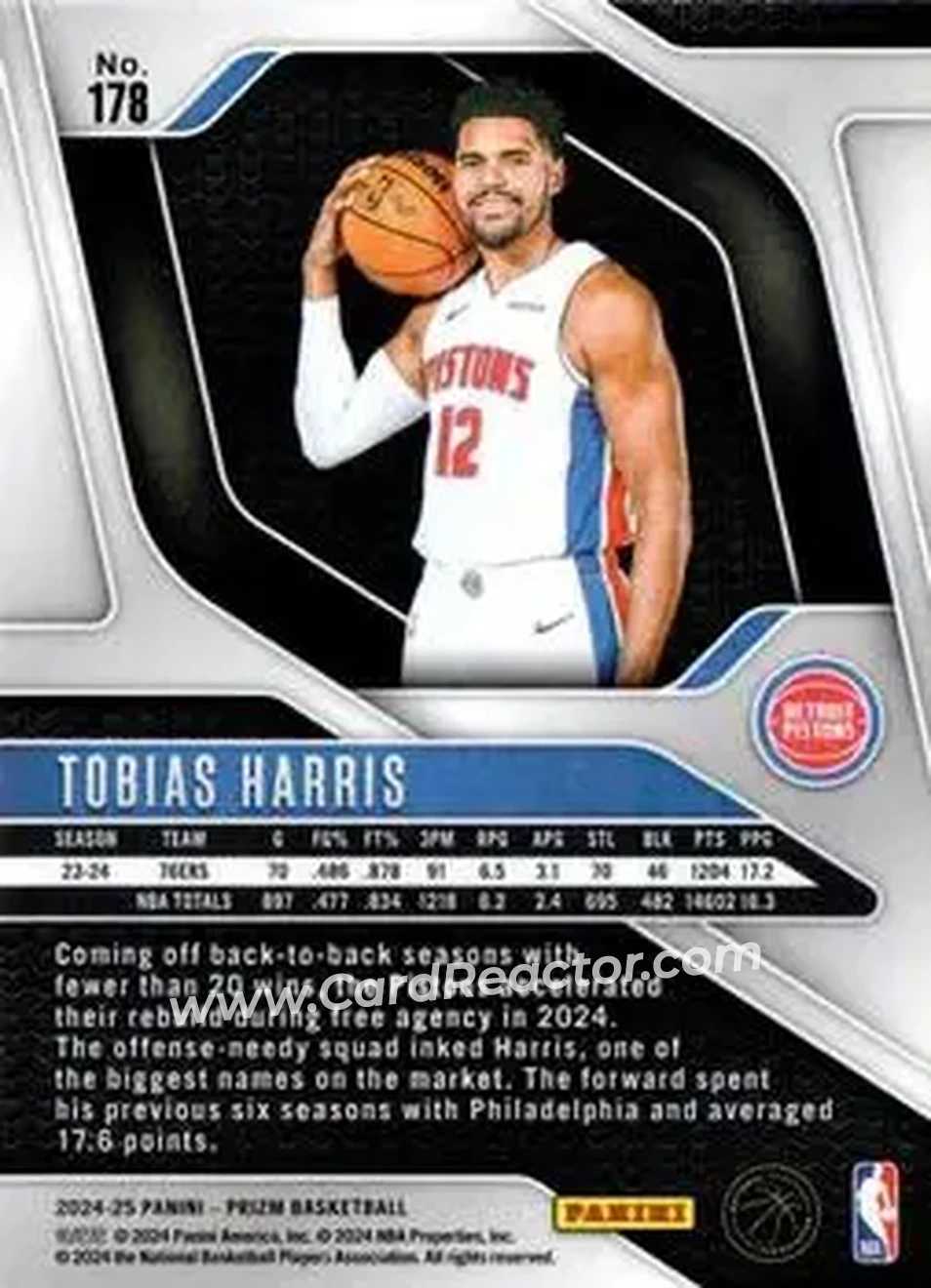2024-25 Panini Prizm #178 - Tobias Harris - Detroit Pistons - Back 2024-25 Panini Prizm #178 - Tobias Harris - Detroit Pistons - Back