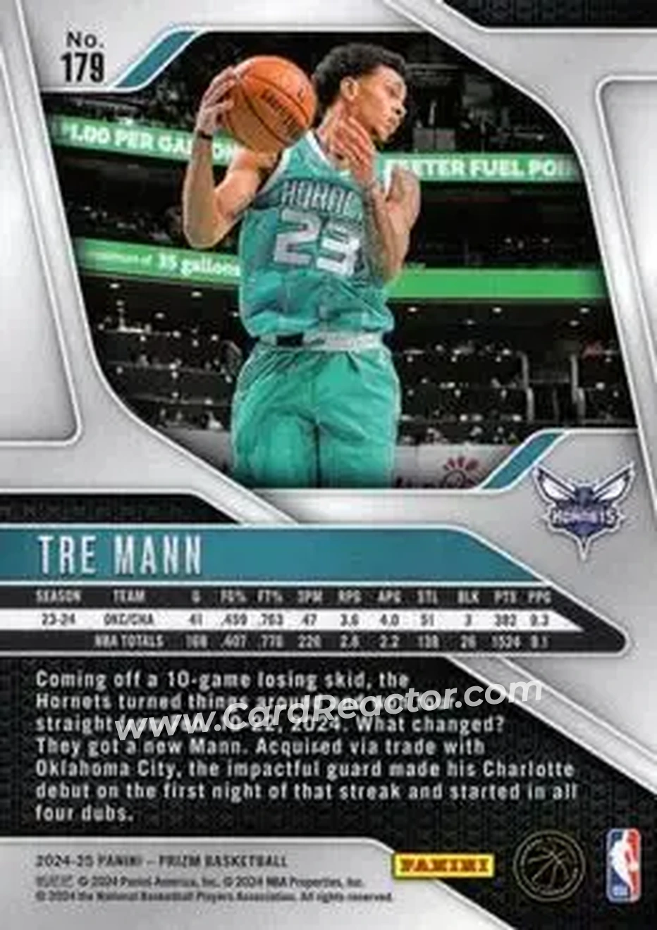 2024-25 Panini Prizm #179 - Tre Mann - Charlotte Hornets - Back