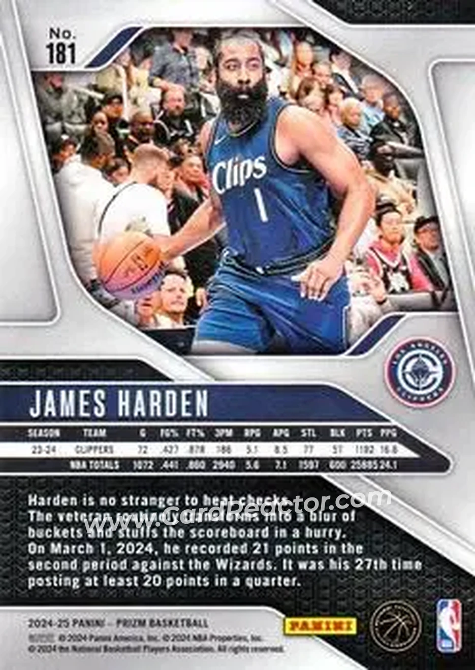 2024-25 Panini Prizm #181 - James Harden - Los Angeles Clippers - Back