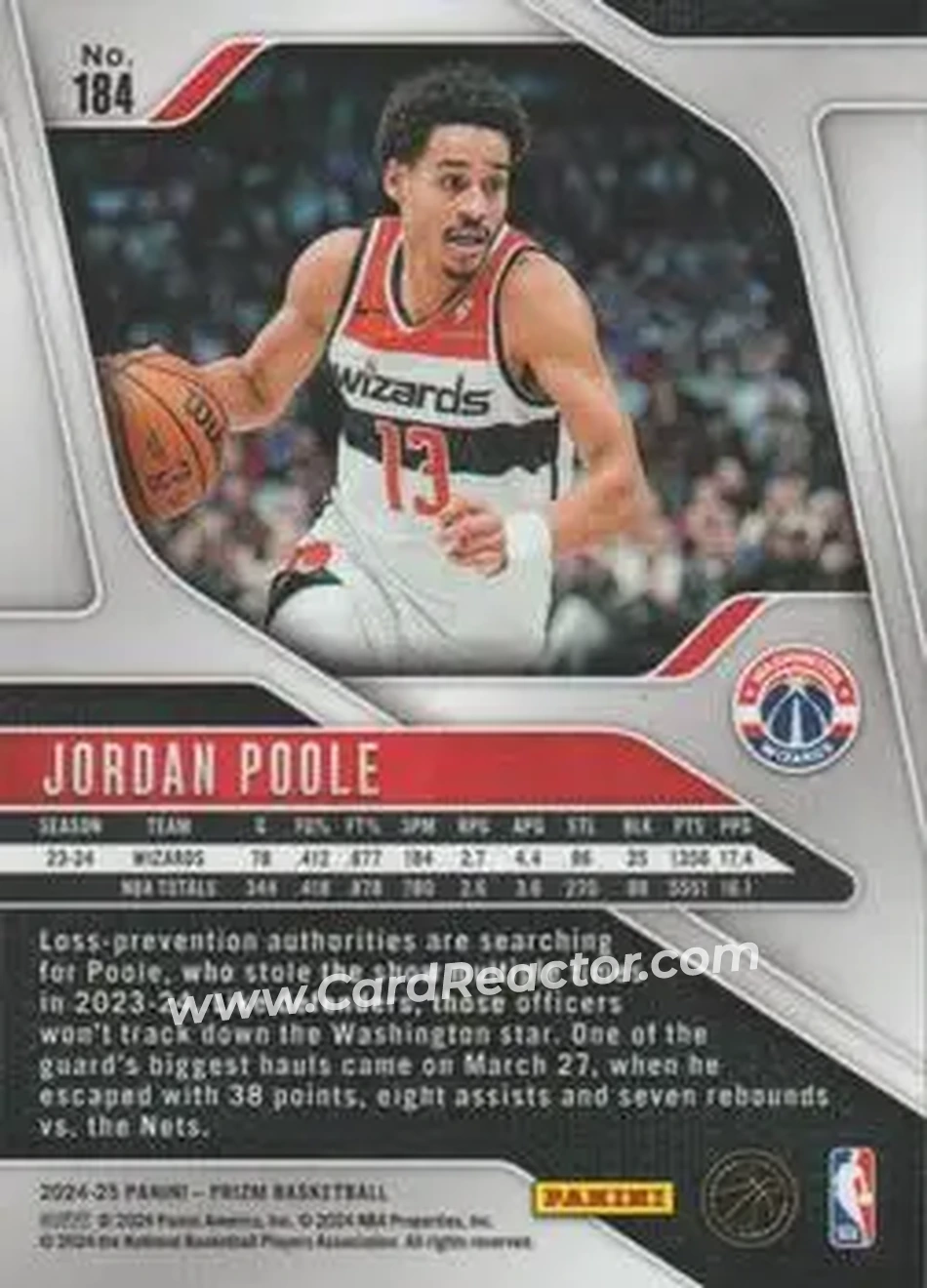 2024-25 Panini Prizm #184 - Jordan Poole - Washington Wizards - Back