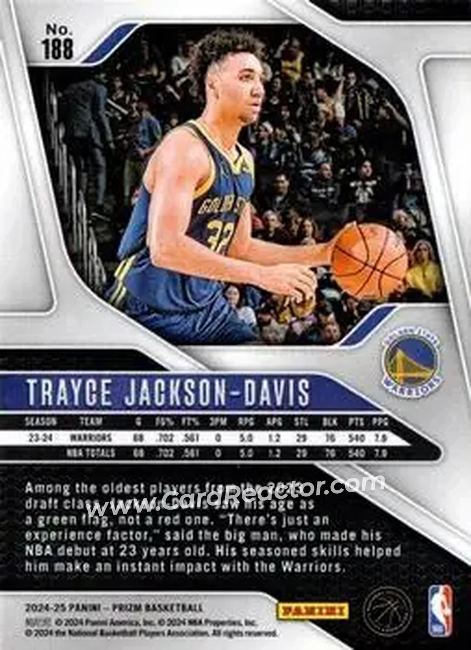 2024-25 Panini Prizm #188 - Trayce Jackson-Davis - Golden State Warriors - Back 2024-25 Panini Prizm #188 - Trayce Jackson-Davis - Golden State Warriors - Back