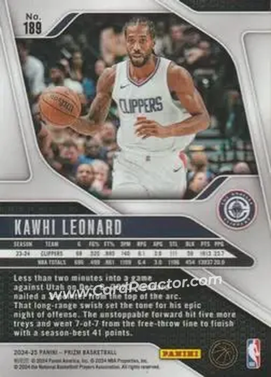 2024-25 Panini Prizm #189 - Kawhi Leonard - Los Angeles Clippers - Back 2024-25 Panini Prizm #189 - Kawhi Leonard - Los Angeles Clippers - Back