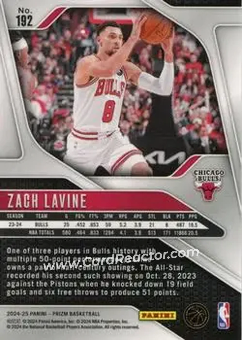2024-25 Panini Prizm #192 - Zach LaVine - Chicago Bulls - Back 2024-25 Panini Prizm #192 - Zach LaVine - Chicago Bulls - Back