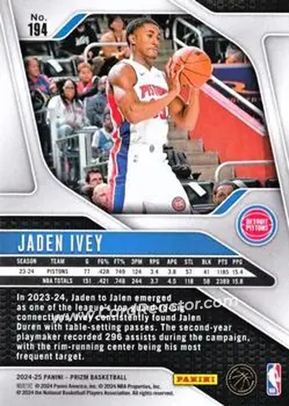 2024-25 Panini Prizm #194 - Jaden Ivey - Detroit Pistons - Back
