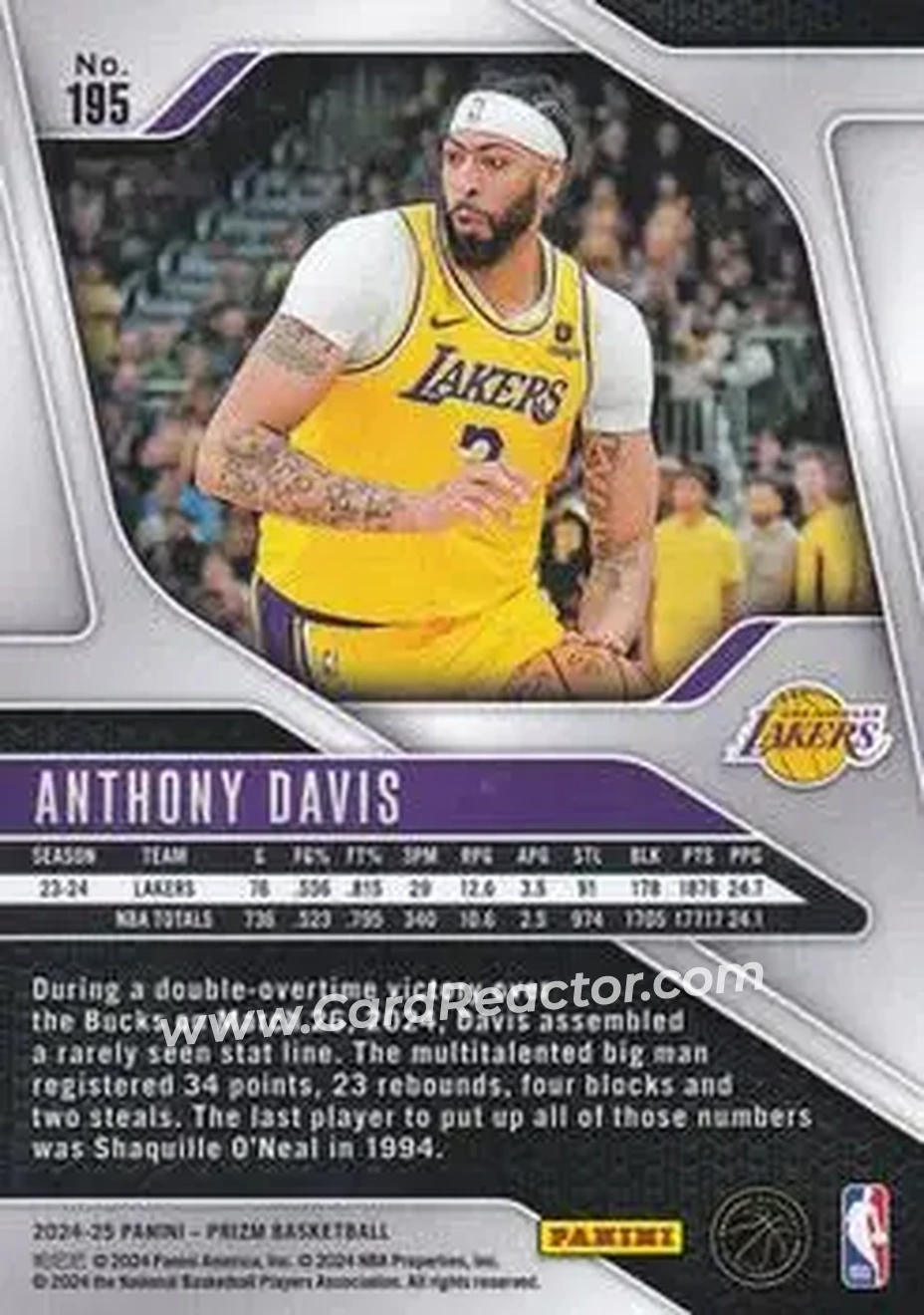 2024-25 Panini Prizm #195 - Anthony Davis - Los Angeles Lakers - Back
