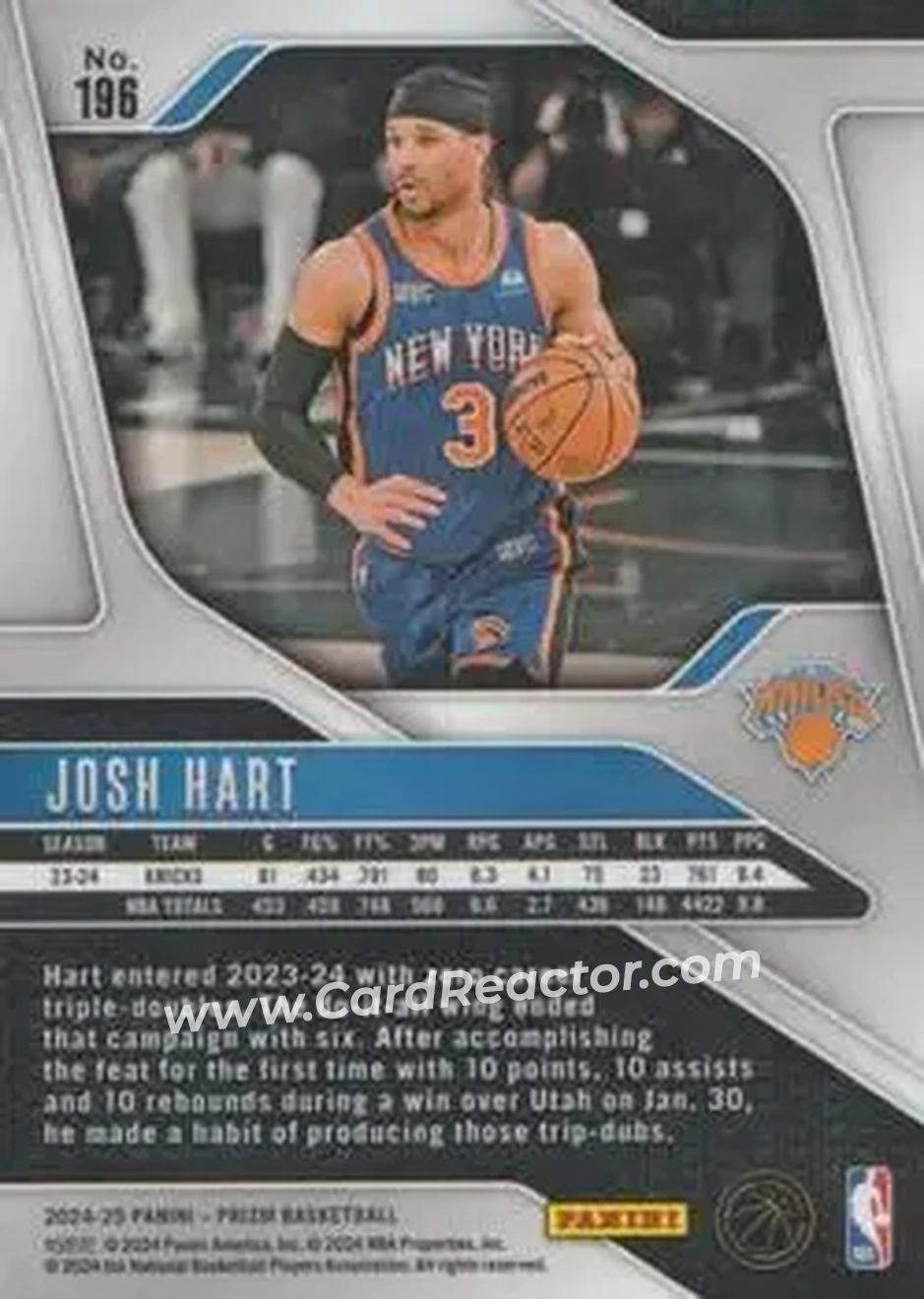 2024-25 Panini Prizm #196 - Josh Hart - New York Knicks - Back