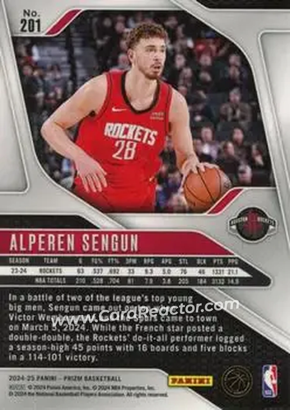 2024-25 Panini Prizm #201 - Alperen Sengun - Houston Rockets - Back