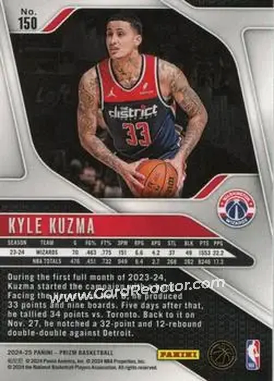 2024-25 Panini Prizm #150 - Kyle Kuzma - Washington Wizards - Back 2024-25 Panini Prizm #150 - Kyle Kuzma - Washington Wizards - Back