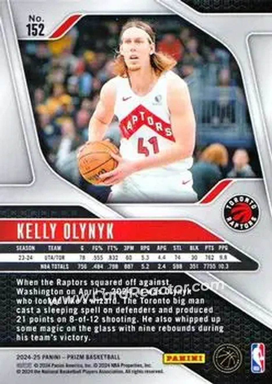 2024-25 Panini Prizm #152 - Kelly Olynyk - Toronto Raptors - Back 2024-25 Panini Prizm #152 - Kelly Olynyk - Toronto Raptors - Back